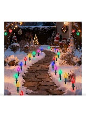 C9 LED Christmas Pathway Lights Outdoor 38Ft -25 Multicolor Connectable Stakes
